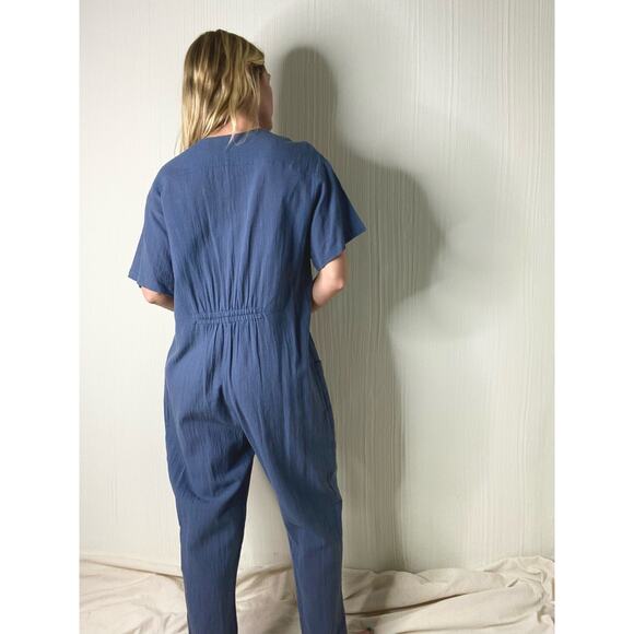 7115 BY SZEKI Mechanic Blue Linen Gauze Short Sleeve Jumpsuit US SMALL - Picture 10 of 11